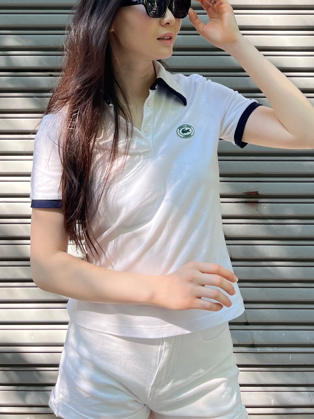 Sporty & Rich X Lacoste White Polo with Navy Collar Detail